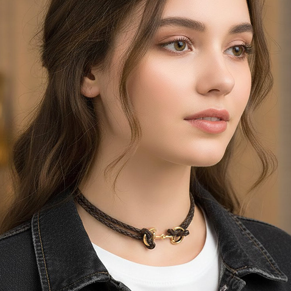 Metal Link Accent Braided Cord Choker Necklace