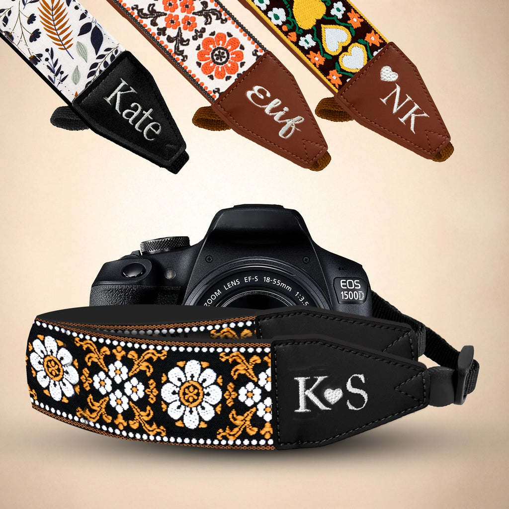Personalized Embroidered  Camera Strap - Camera Strap for SLR/ DSLR, Brown White Flower, Multi Color, Orange White Flower