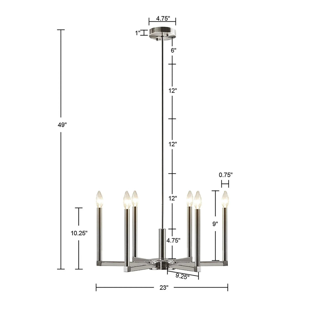 6-Light Candelabra Chandelier | Contemporary Uplight Ceiling Fixture with Polished Nickel Finish & Adjustable Height — 23" Wide
