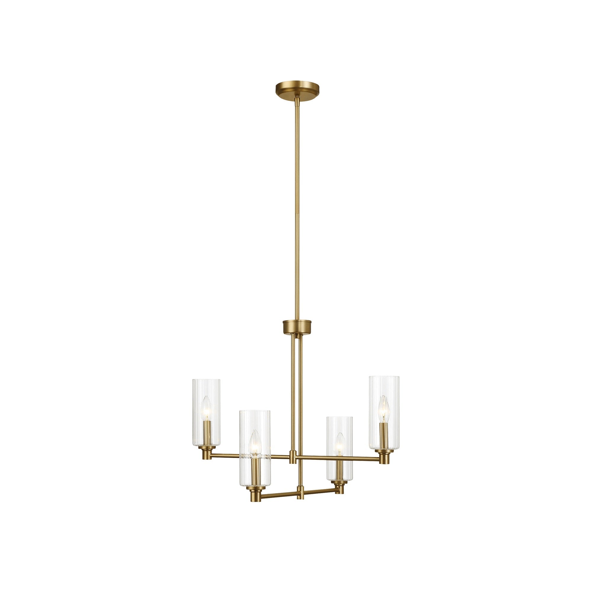 4-Light Pendant Chandelier – Clear Ribbed Glass Shades & Satin Brass Finish | Dining Room & Living Room