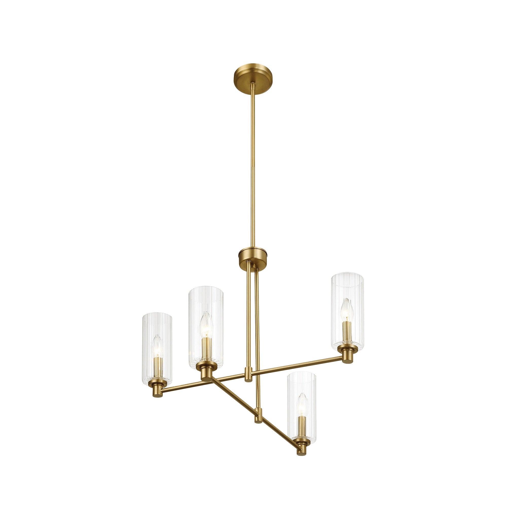 4-Light Pendant Chandelier – Clear Ribbed Glass Shades & Satin Brass Finish | Dining Room & Living Room