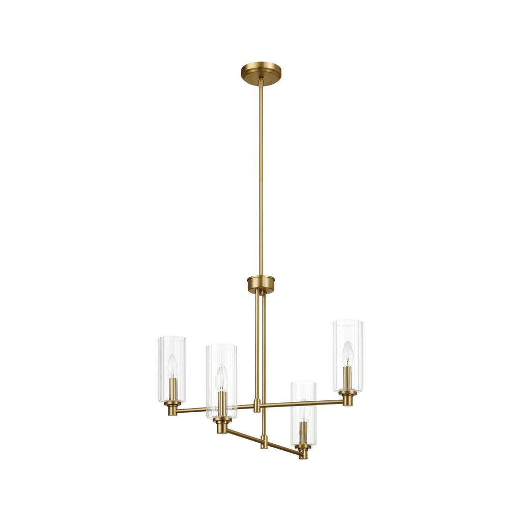 4-Light Pendant Chandelier – Clear Ribbed Glass Shades & Satin Brass Finish | Dining Room & Living Room