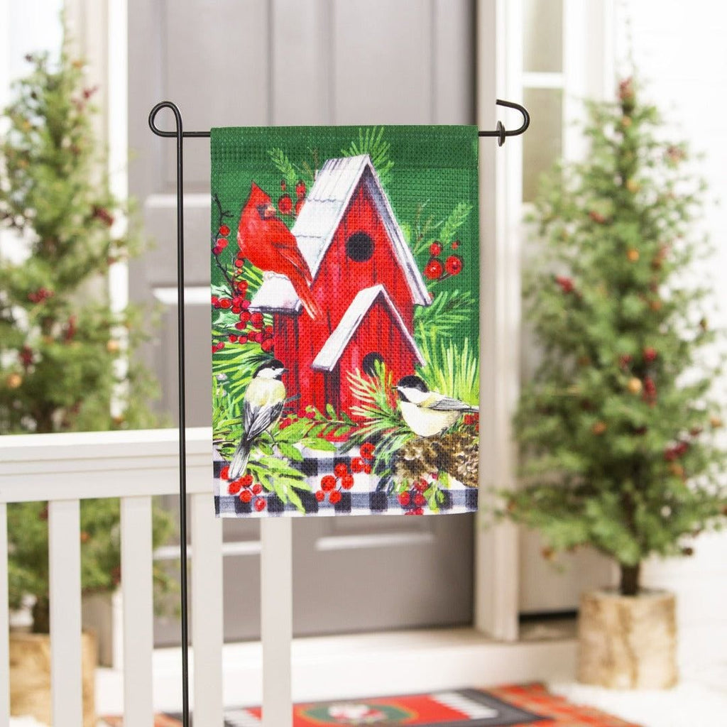 Cardinal Birdhouse Christmas Garden Flag 2 Sided Waffle