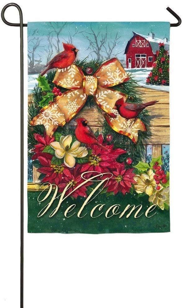 Cardinals Wreath On Fence 2 Sided Christmas Garden Flag
