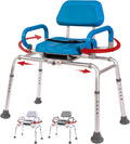 Carousel Sliding Shower Chair Tub Transfer Bench with Swivel Seat, Premium Padded, Pivoting Arms, Adjustable Space Saving Design for Tubs, Inside Shower, for Handicap & Seniors, Blue