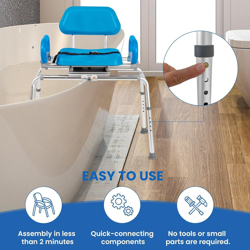 Carousel Sliding Shower Chair Tub Transfer Bench with Swivel Seat, Premium Padded, Pivoting Arms, Adjustable Space Saving Design for Tubs, Inside Shower, for Handicap & Seniors, Blue