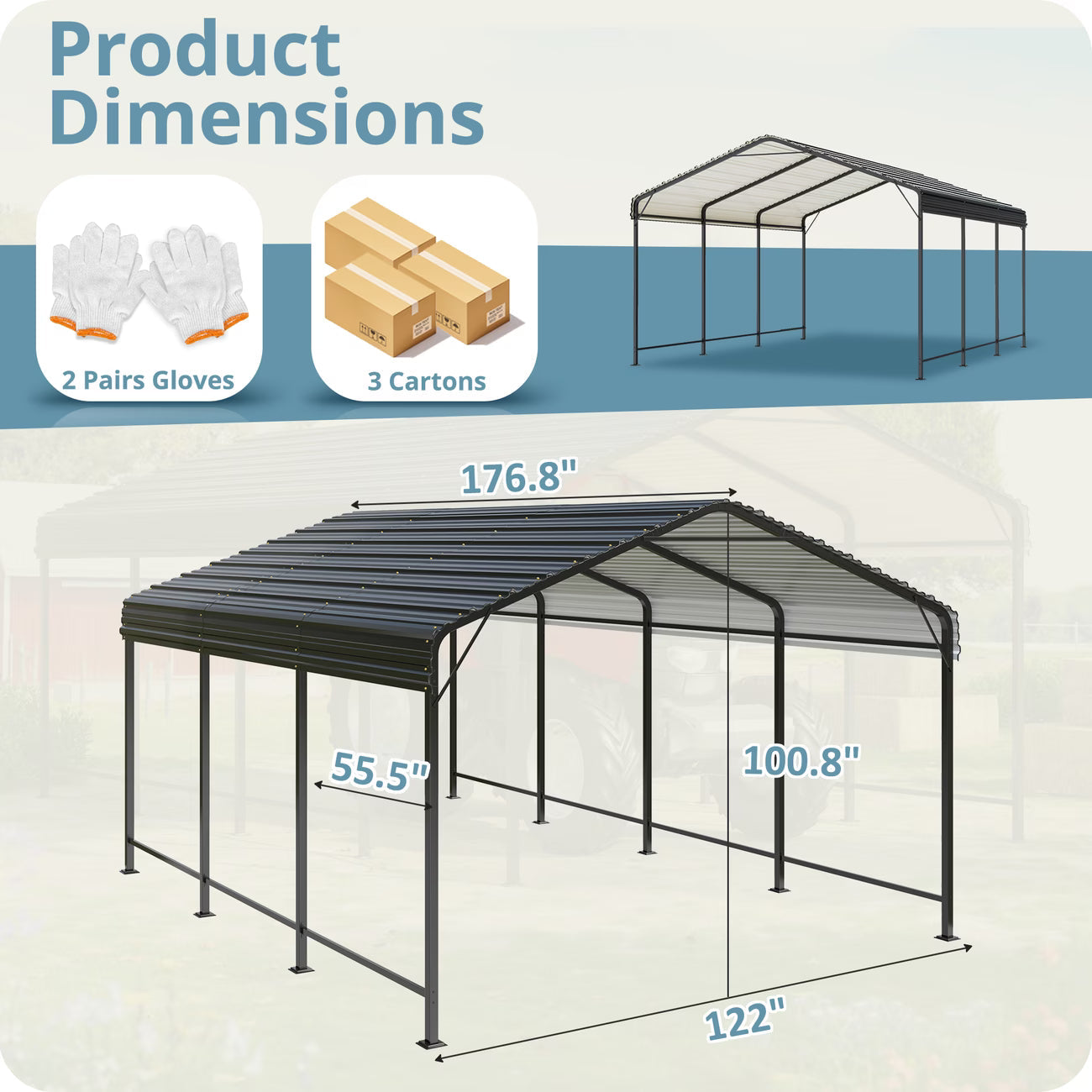 Carport Metal Carport with Enhanced Base Outdoor Heavy Duty Garage Galvanized Car Shelter for Pickup, Boat, Car and Tractors,12x20 FT,10x15 FT.