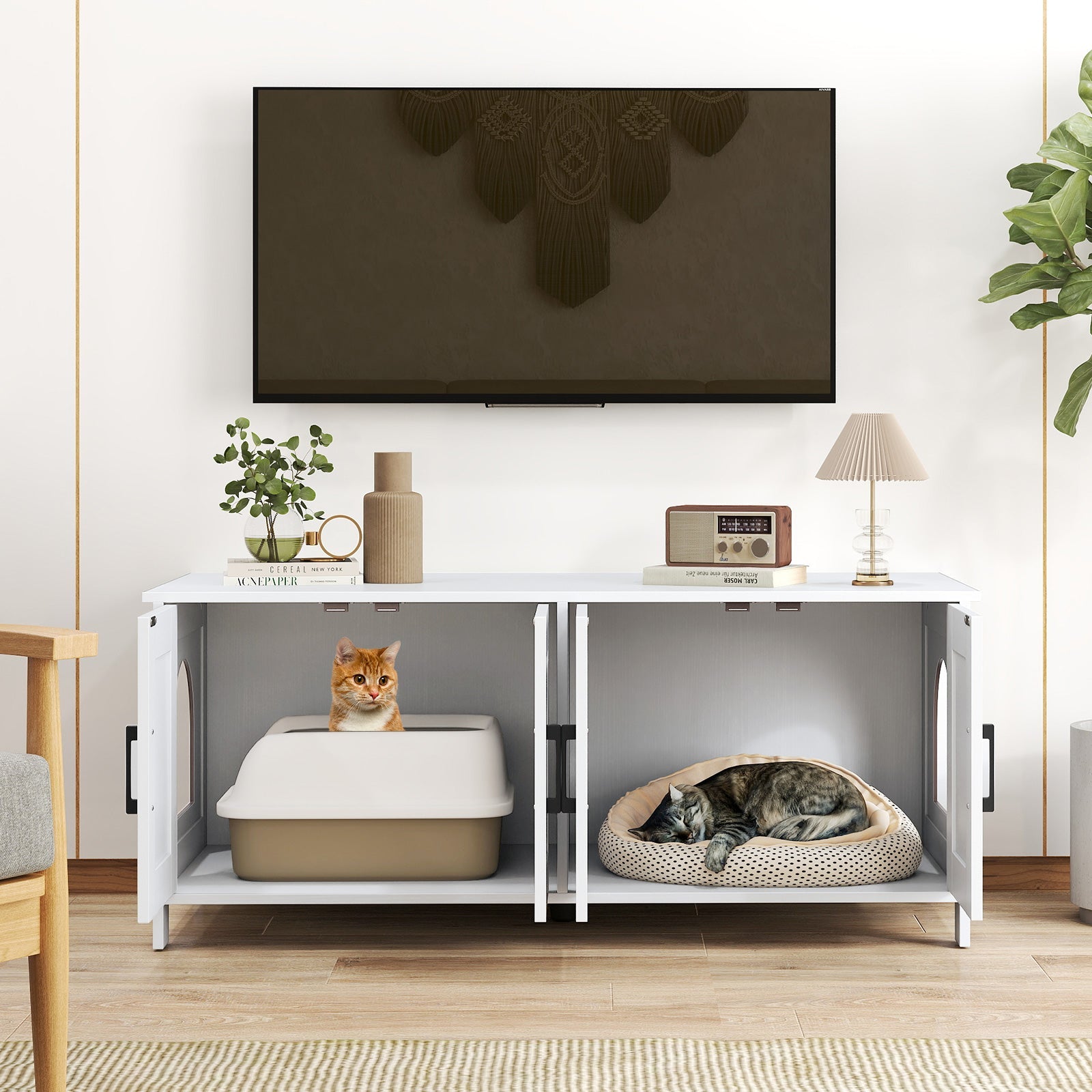 Cat Litter Box Enclosure for 2 Cats Modern Kitty Litter Box Furniture Hidden-White