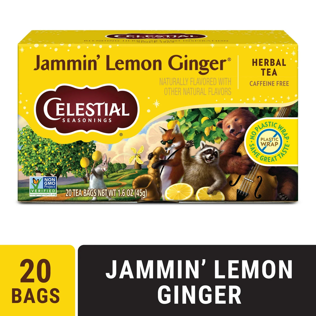 Celestial Seasonings Jammin' Lemon Ginger Herbal Tea, Caffeine-Free, 20 Bags, Case of 6