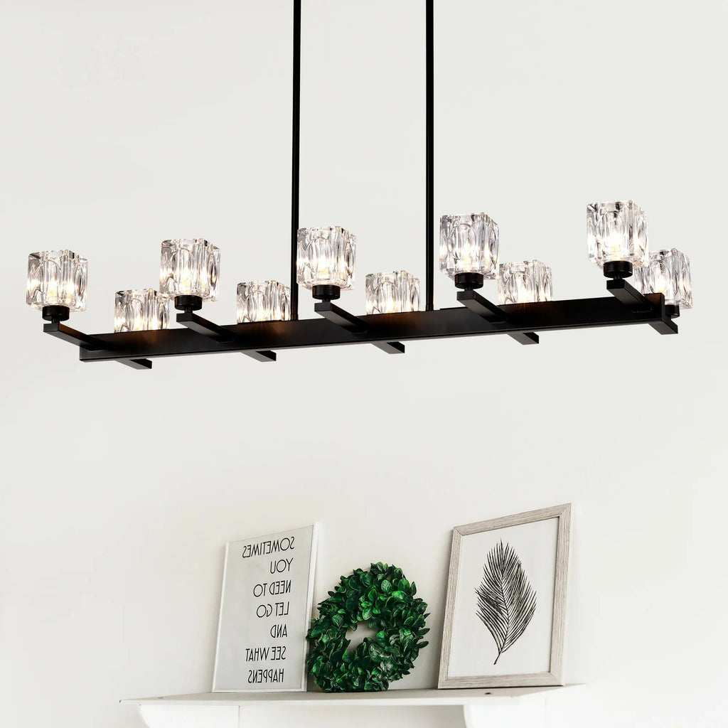10-Light Black Linear Crystal Chandelier | Farmhouse Modern Pendant Light for Dining Room, Kitchen Island & Living Room — 35.67" Wide