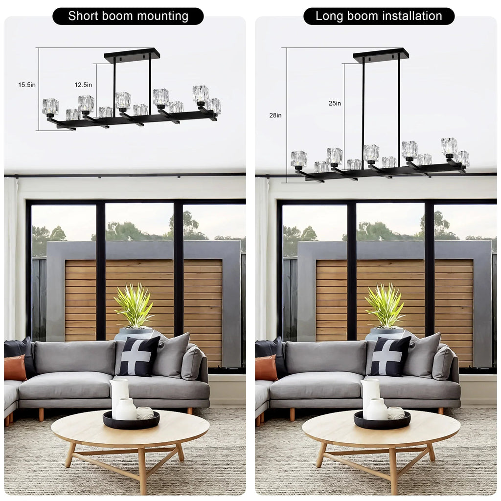 10-Light Black Linear Crystal Chandelier | Farmhouse Modern Pendant Light for Dining Room, Kitchen Island & Living Room — 35.67" Wide