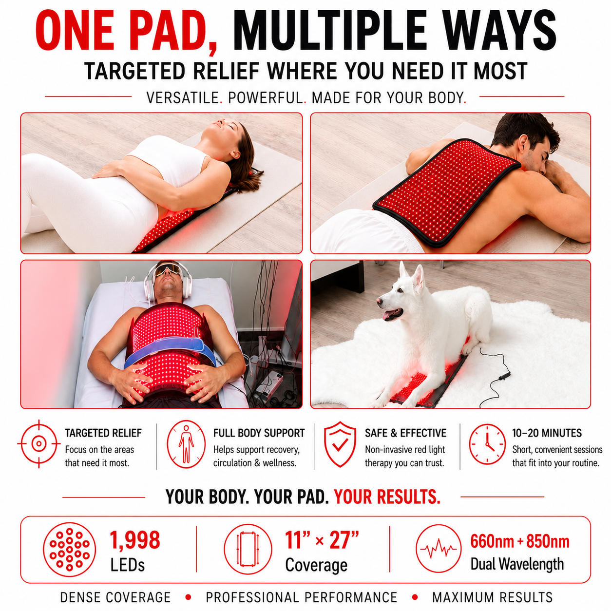 Large Red Light Therapy Pad – 27" x 11" with 1,998 LEDs to Help Support Pain Relief & Recovery