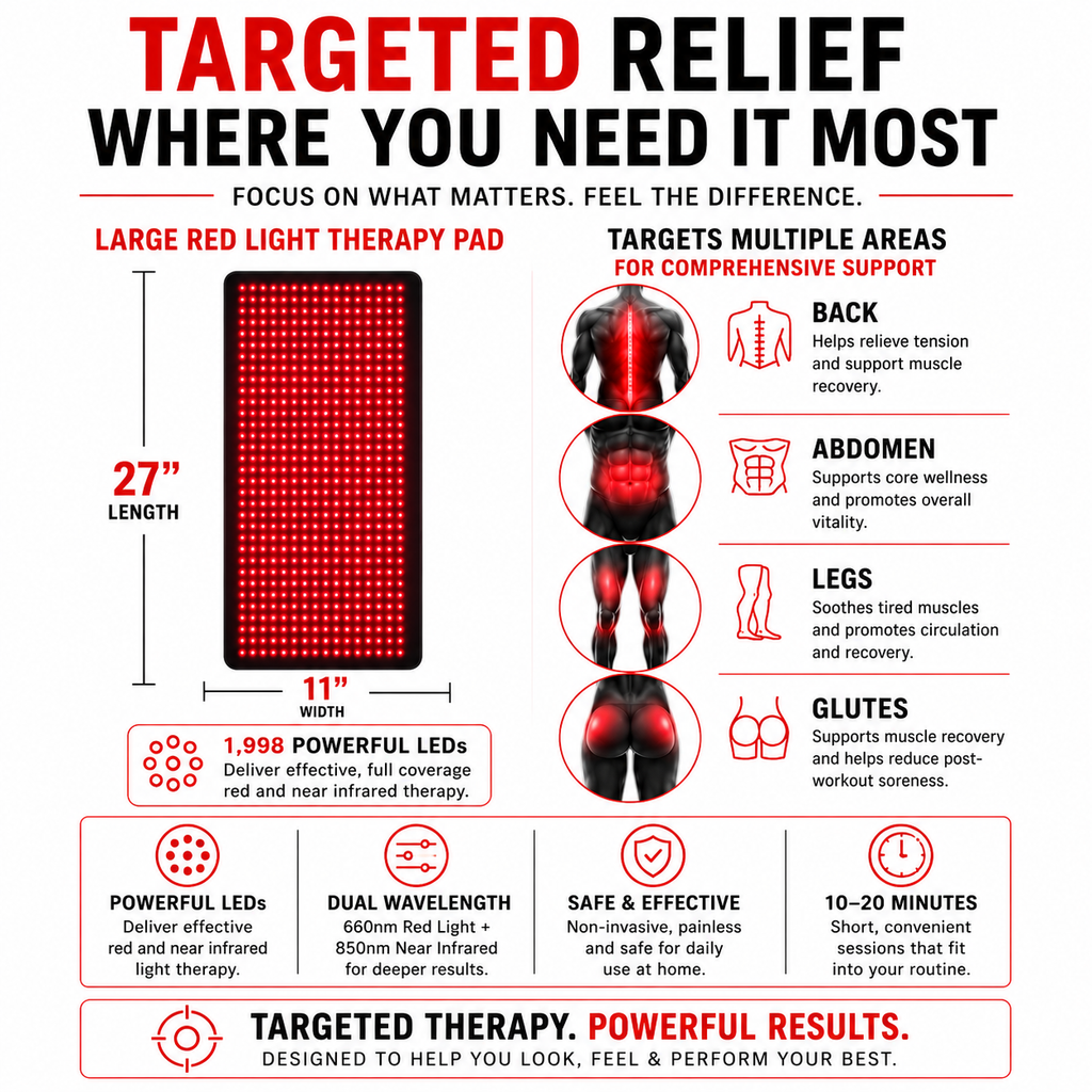 Large Red Light Therapy Pad – 27" x 11" with 1,998 LEDs to Help Support Pain Relief & Recovery