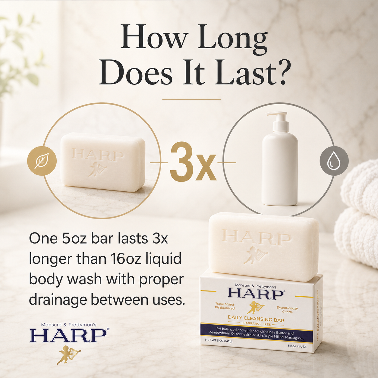 HARP® Vanilla Lavender Body Wash Bar – pH Balanced (5.0–6.0) Syndet Cleanser, Soap-Free & No Lye, Non-Comedogenic, Gentle for Sensitive & Dry Skin, With Shea Butter & Borage Oil. 5oz Bar.