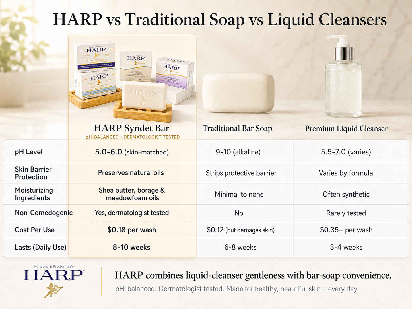 HARP® Exfoliating Body Wash Bar – pH Balanced Syndet Cleanser with Bamboo Powder, FRAGRANCE-FREE, Soap-Free & No Lye, Non-Comedogenic, Gentle Exfoliation for Smooth Skin, 5 oz