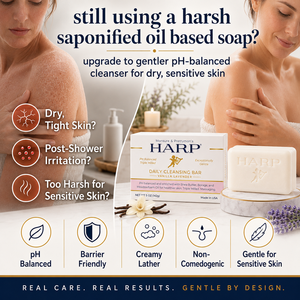 HARP® Vanilla Lavender Body Wash Bar – pH Balanced (5.0–6.0) Syndet Cleanser, Soap-Free & No Lye, Non-Comedogenic, Gentle for Sensitive & Dry Skin, With Shea Butter & Borage Oil. 5oz Bar.