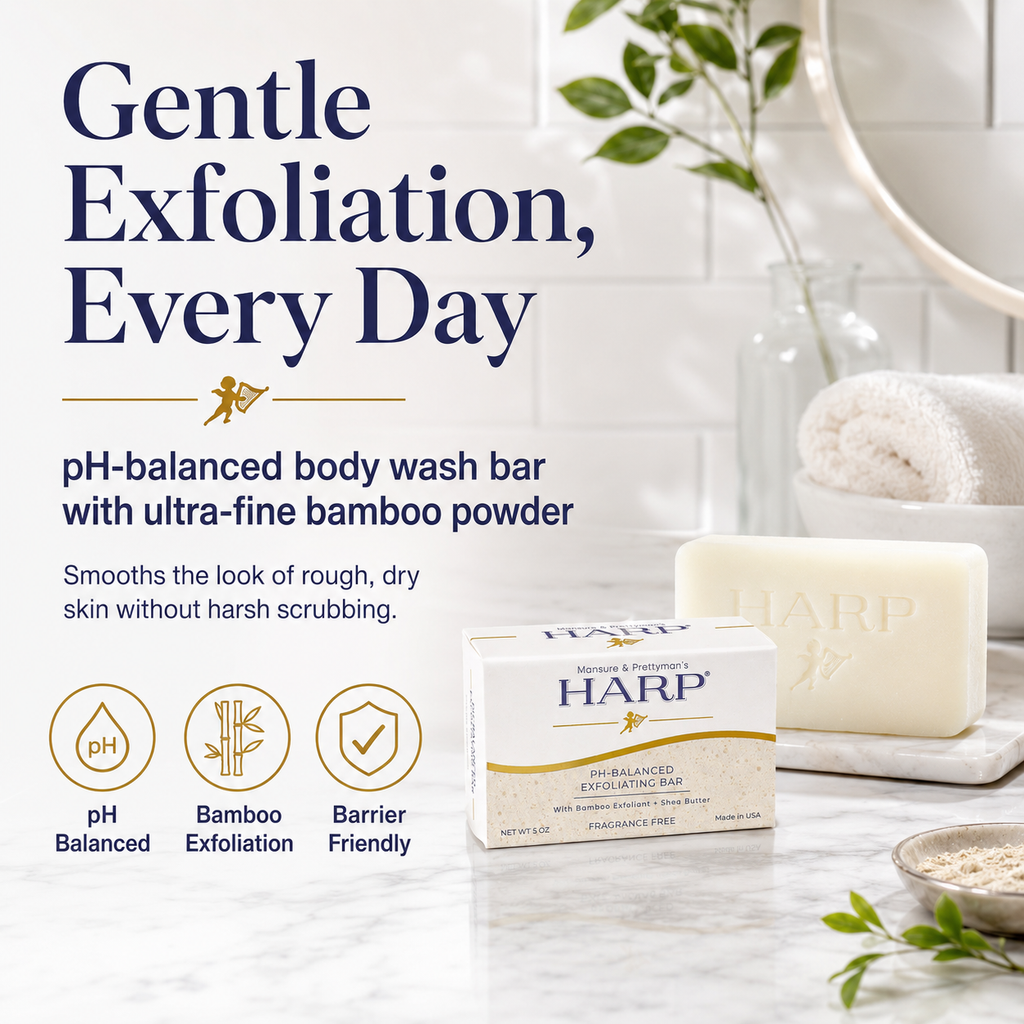 HARP® Exfoliating Body Wash Bar – pH Balanced Syndet Cleanser with Bamboo Powder, FRAGRANCE-FREE, Soap-Free & No Lye, Non-Comedogenic, Gentle Exfoliation for Smooth Skin, 5 oz