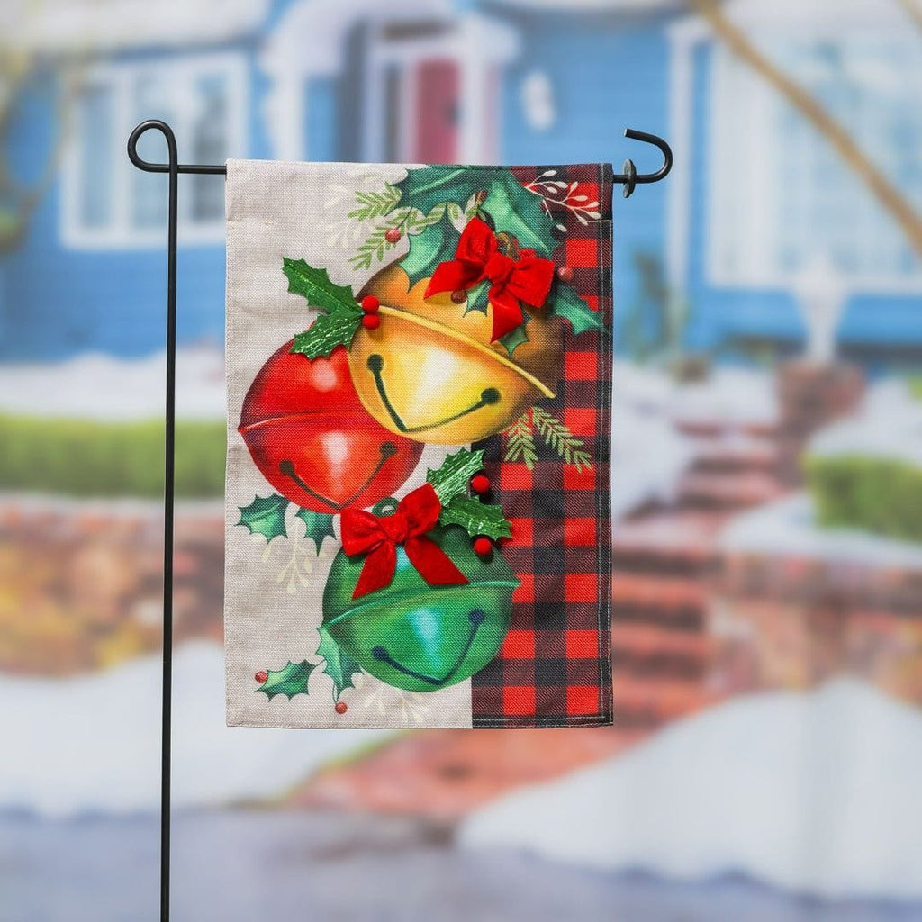 Christmas Bell Trio Garden Flag 2 Sided Burlap