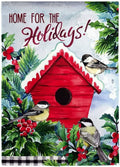 Christmas Chickadees Holiday Birdhouse Garden Flag 2 Sided Textured
