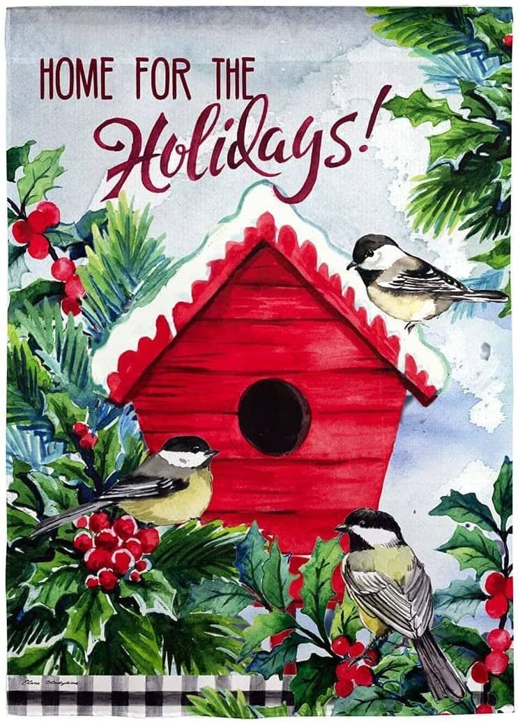 Christmas Chickadees Holiday Birdhouse Garden Flag 2 Sided Textured