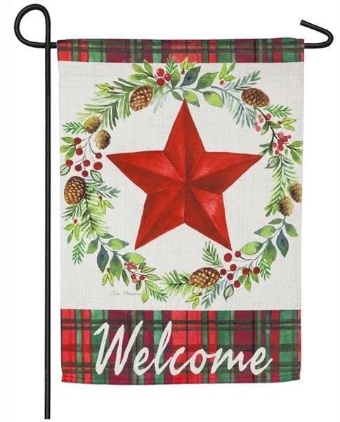 Christmas Greens Wreath Garden Flag 2 Sided Plaid Welcome