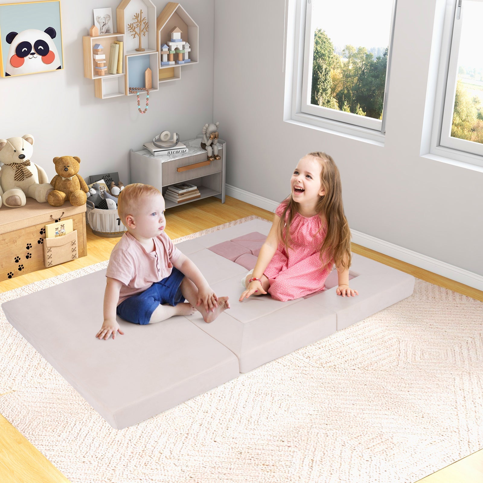 9-Piece Climb and Crawl Foam and Floor Playset with Breathable Suede Fabric-Pink
