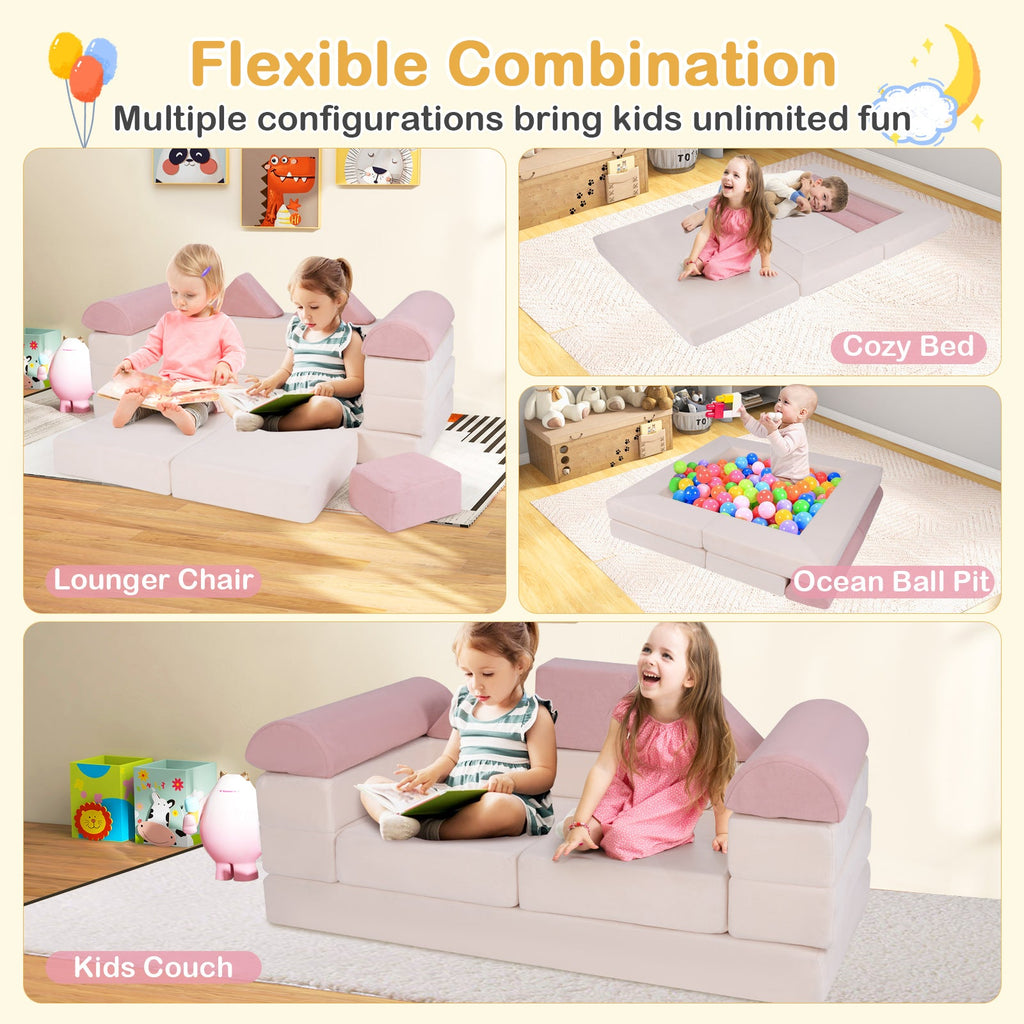 9-Piece Climb and Crawl Foam and Floor Playset with Breathable Suede Fabric-Pink