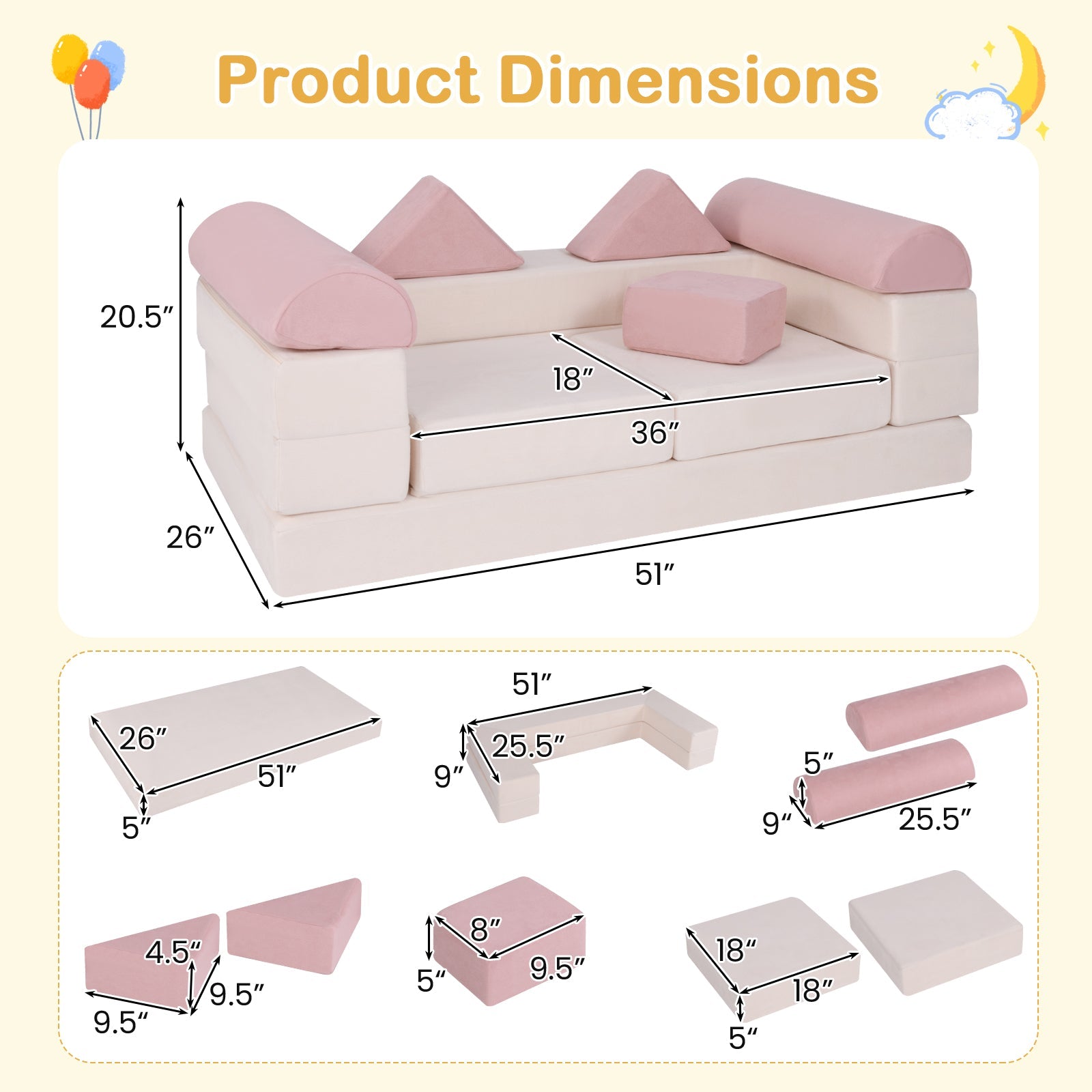 9-Piece Climb and Crawl Foam and Floor Playset with Breathable Suede Fabric-Pink