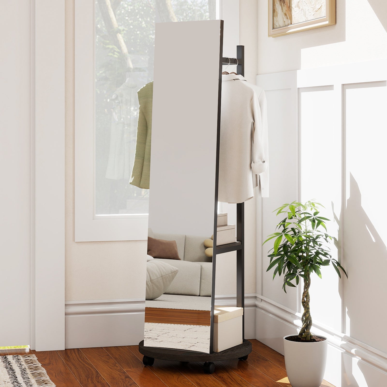 Coat Rack with Full Length Mirror Freestanding Coat Tree with 3 Hooks