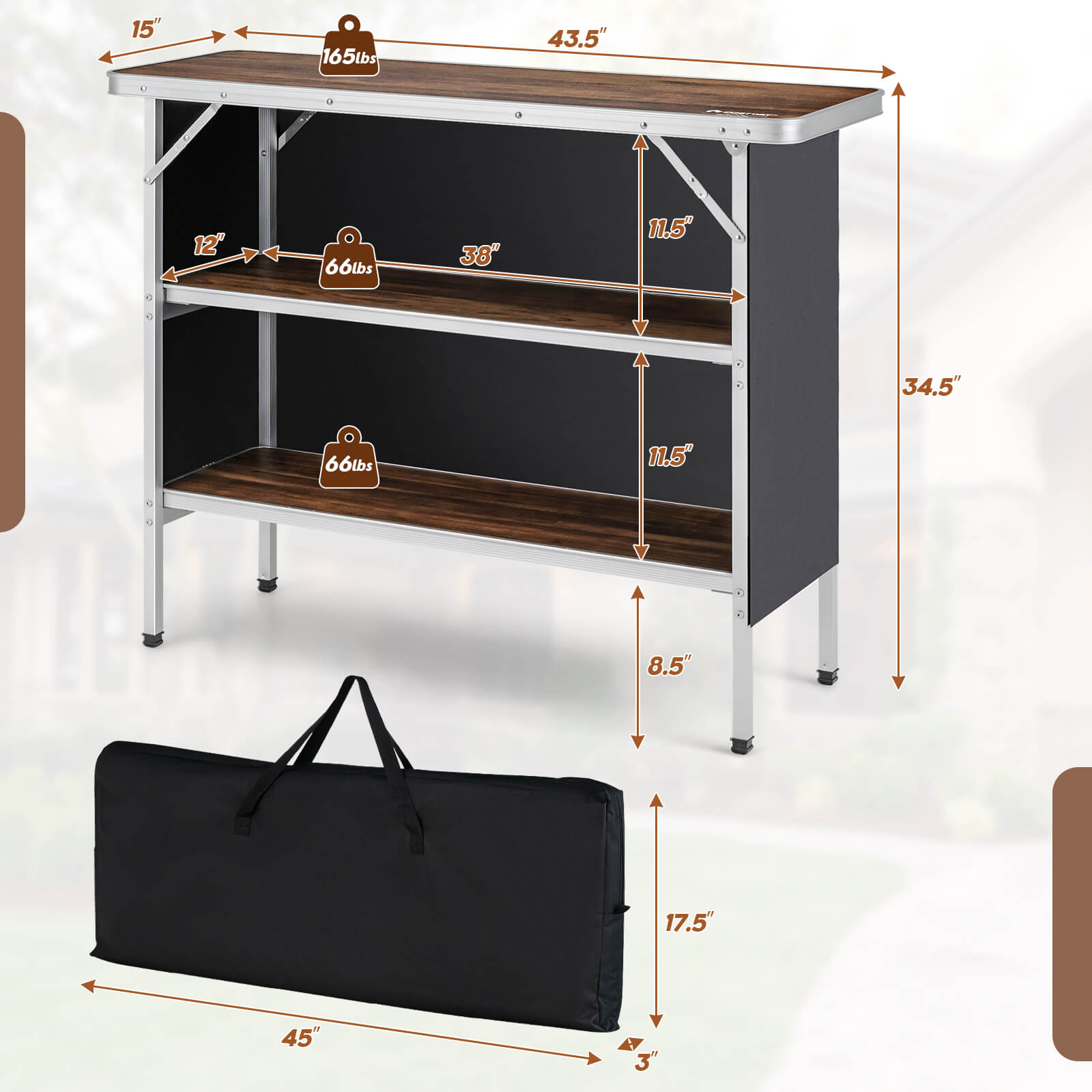 Folding Camping Table with 2-Tier Open Shelves for Outdoor BBQ