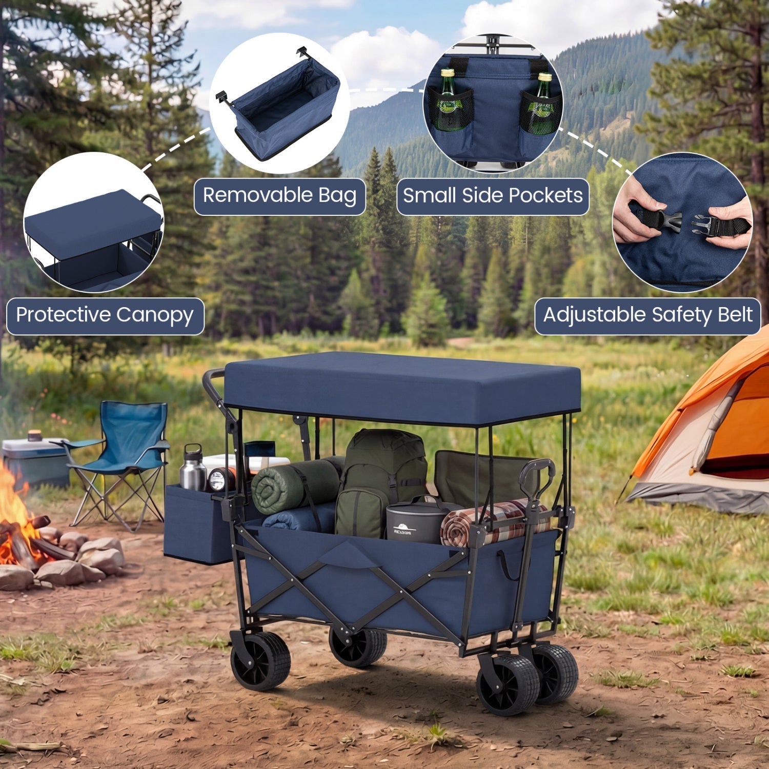 Collapsible Wagon with Removable Canopy and Detachable Storage Bag