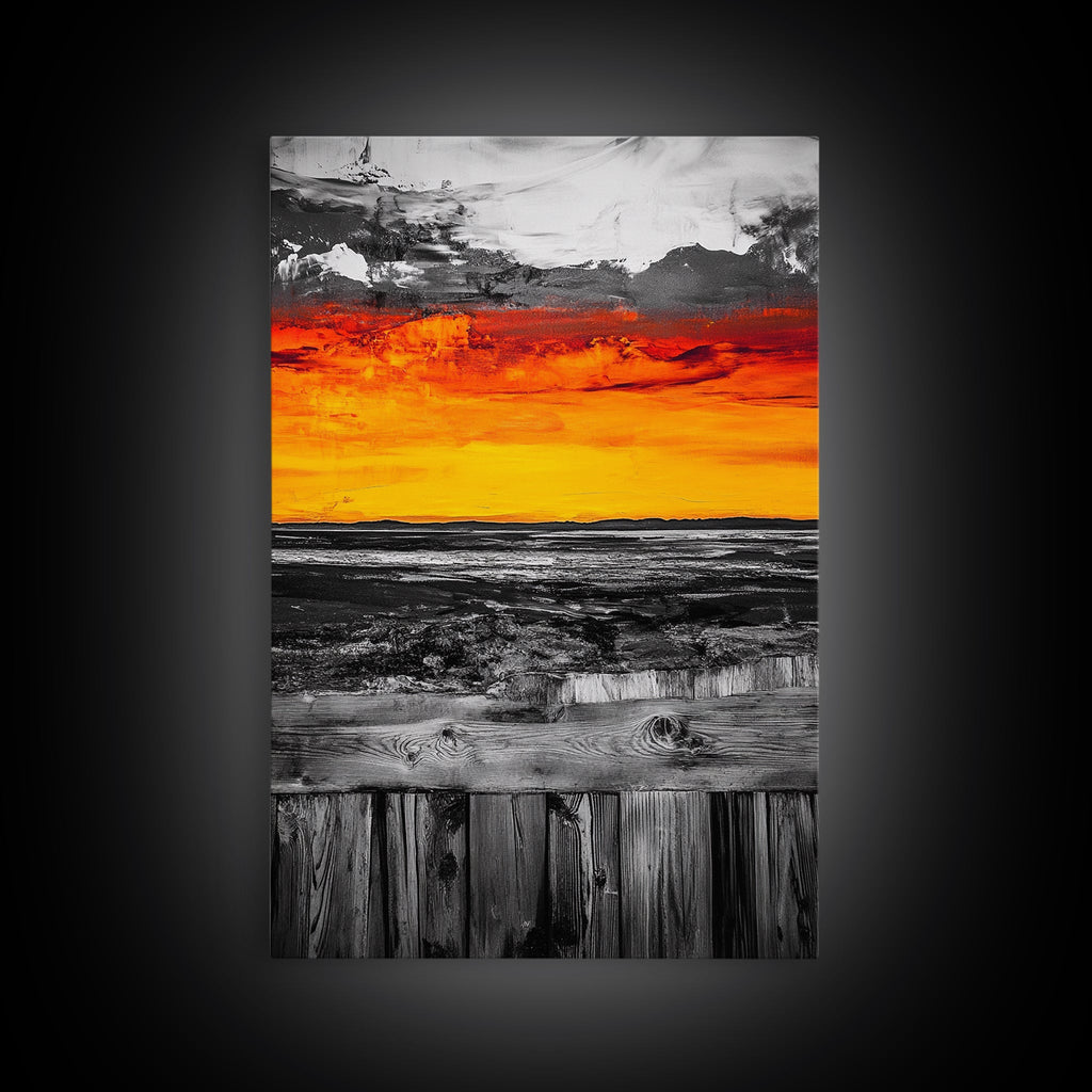 Sunset Landscape, Rustic Fence, Fiery Sky Art, Bold Color Wall Art, Abstract Nature Scene, Canvas Print, Boho Home Decor