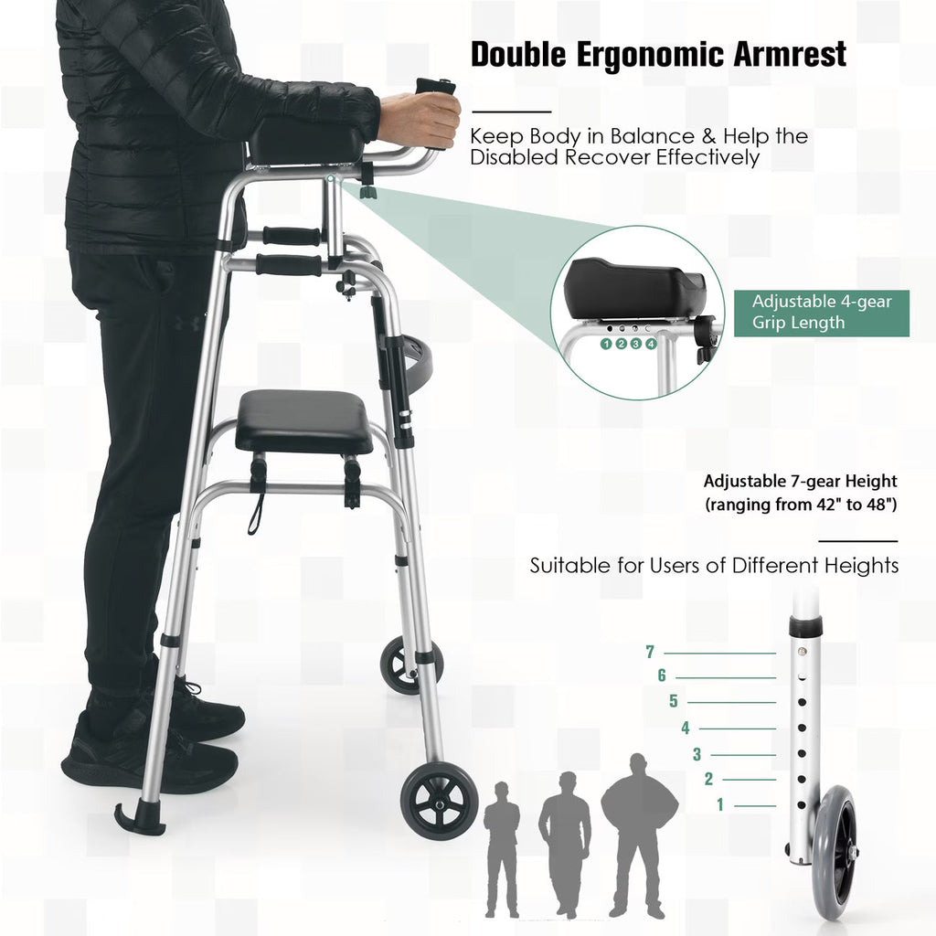 Costway Foldable Aluminum Alloy Walker with Seat & Armrest Pad – Adjustable