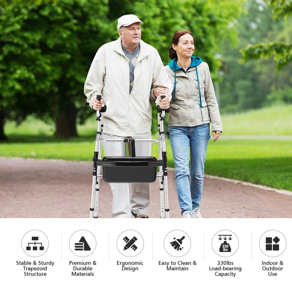 Costway Foldable Aluminum Alloy Walker with Seat & Armrest Pad – Adjustable