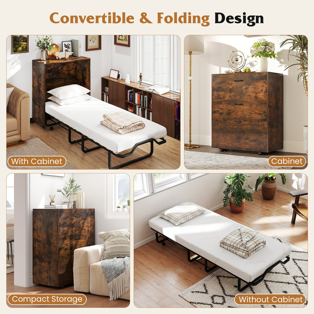 Cot Size Murphy Bed with Foldable Bed and Lockable Wheels