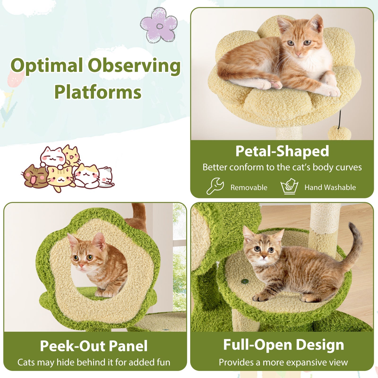 Cute Cat Tree for Adult Cats Multi-level Kitty Tower with Trunk Condo-Green