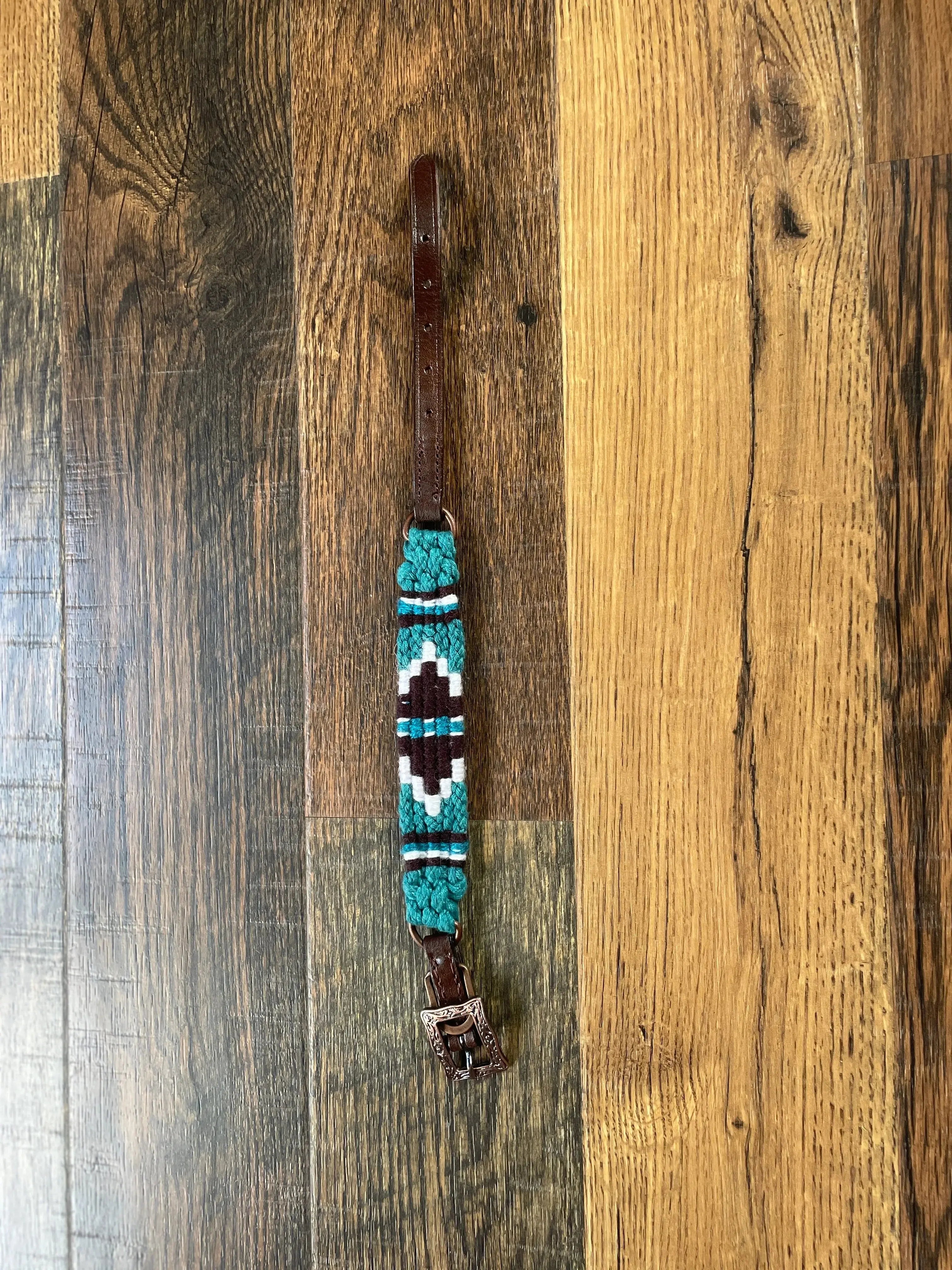 Corded Leather Dog Collar - Teal/White