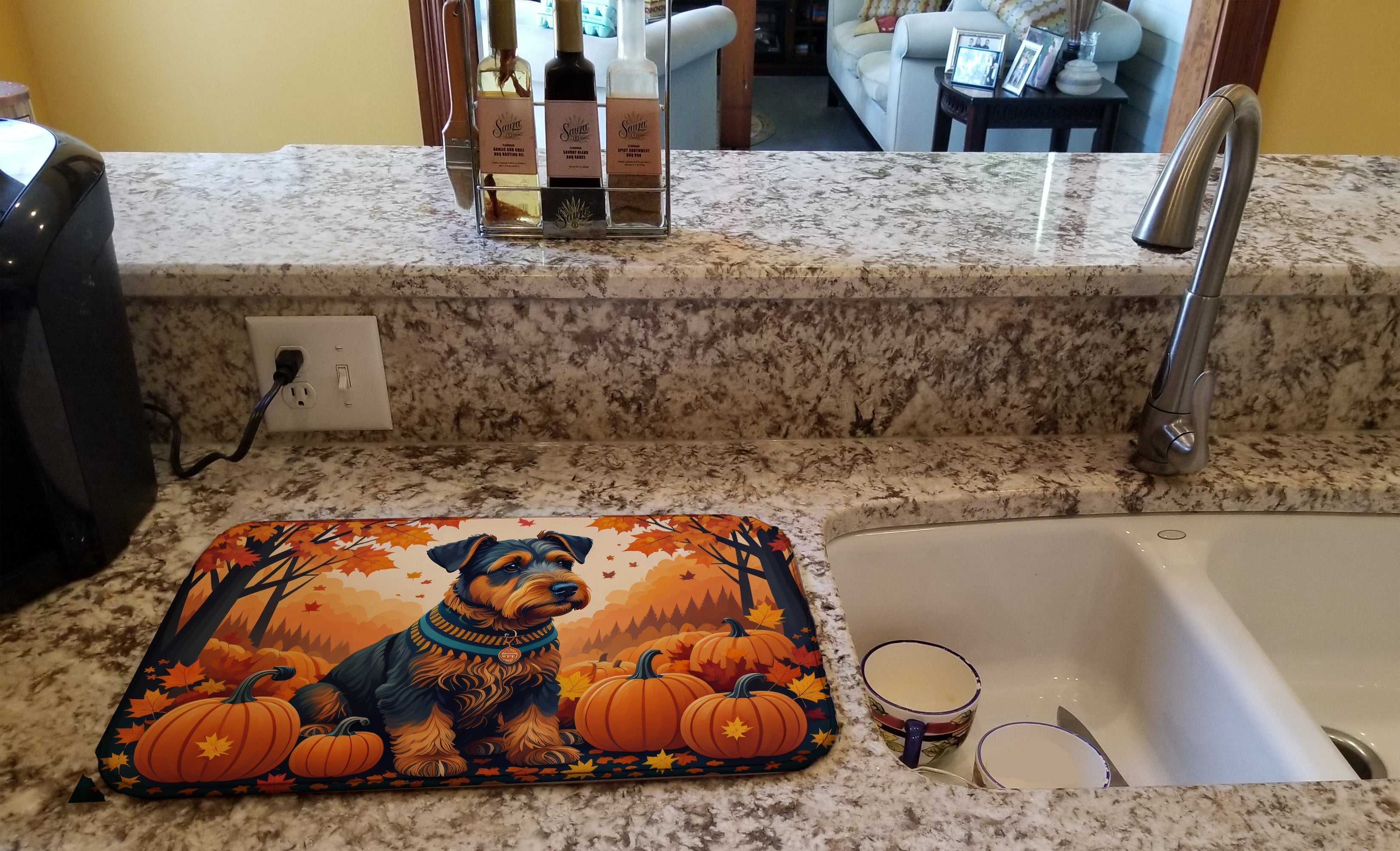 Airedale Terrier Fall Dish Drying Mat Absorbent Dish Drying Mat Pad for Kitchen Counter Dish Drainer Mat for Countertop, 14 x 21", Multicolor