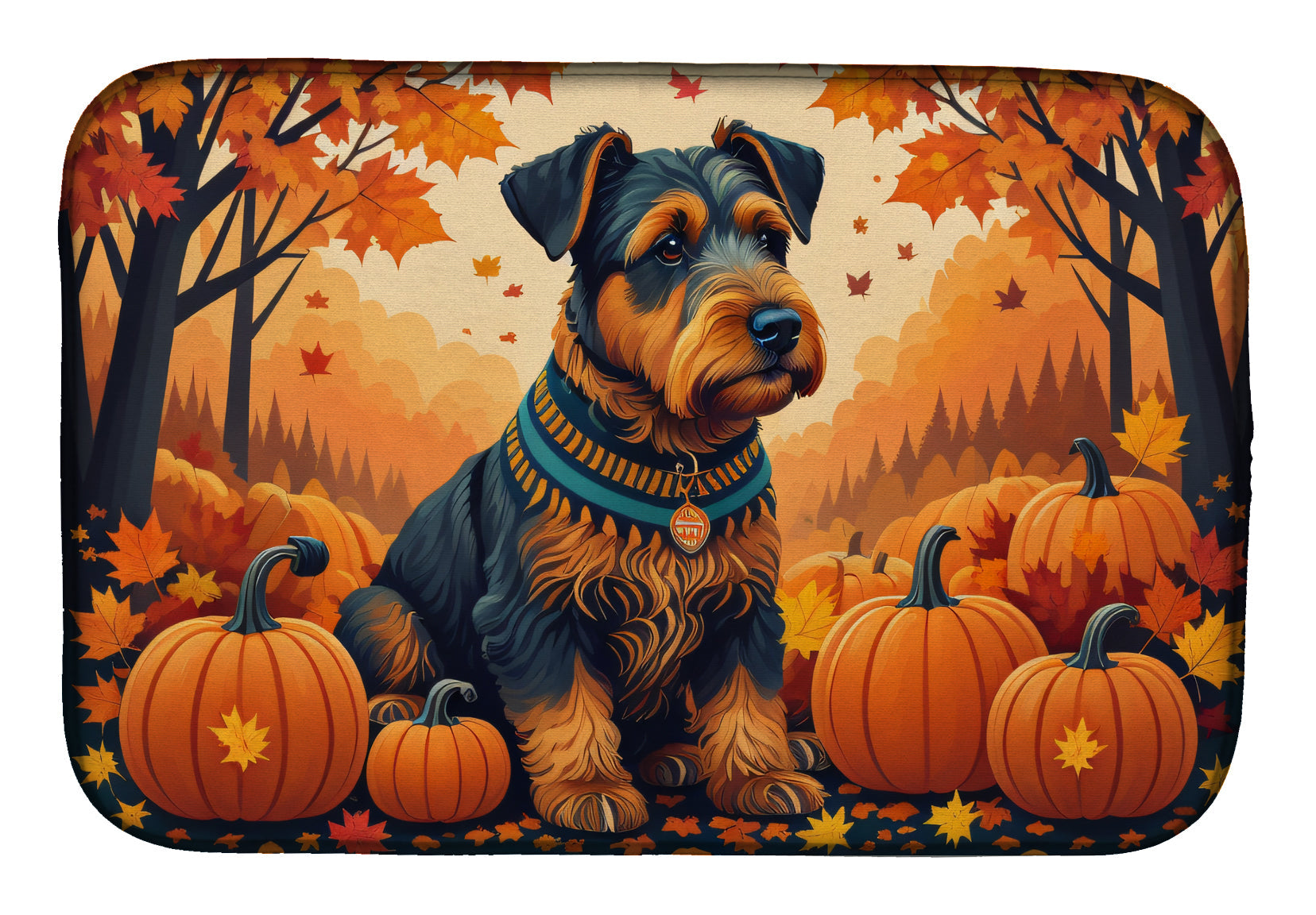 Airedale Terrier Fall Dish Drying Mat Absorbent Dish Drying Mat Pad for Kitchen Counter Dish Drainer Mat for Countertop, 14 x 21", Multicolor