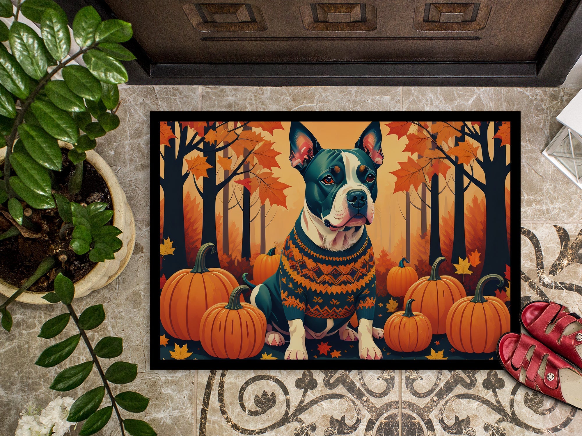 Pit Bull Terrier Fall Doormat Indoor Outdoor 18H X 27W Front Door Mat Rugs for Entryway, Non Slip Washable