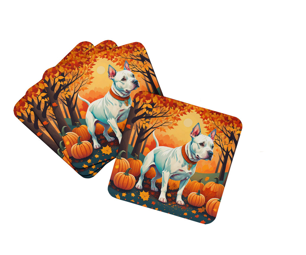 White Pit Bull Terrier Fall Foam Coasters Set of 4 Cup Coasters for Indoor Outdoor, Tabletop Protection, Anti Slip, Mouse pad Material