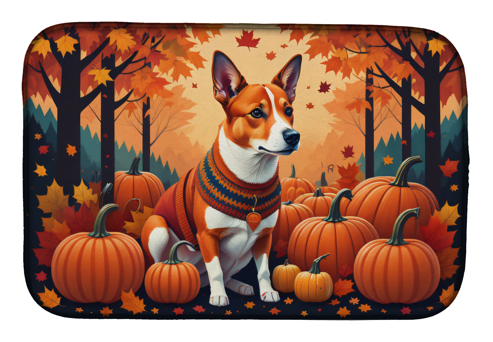 Red Basenji Fall Dish Drying Mat Absorbent Dish Drying Mat Pad for Kitchen Counter Dish Drainer Mat for Countertop, 14 x 21", Multicolor