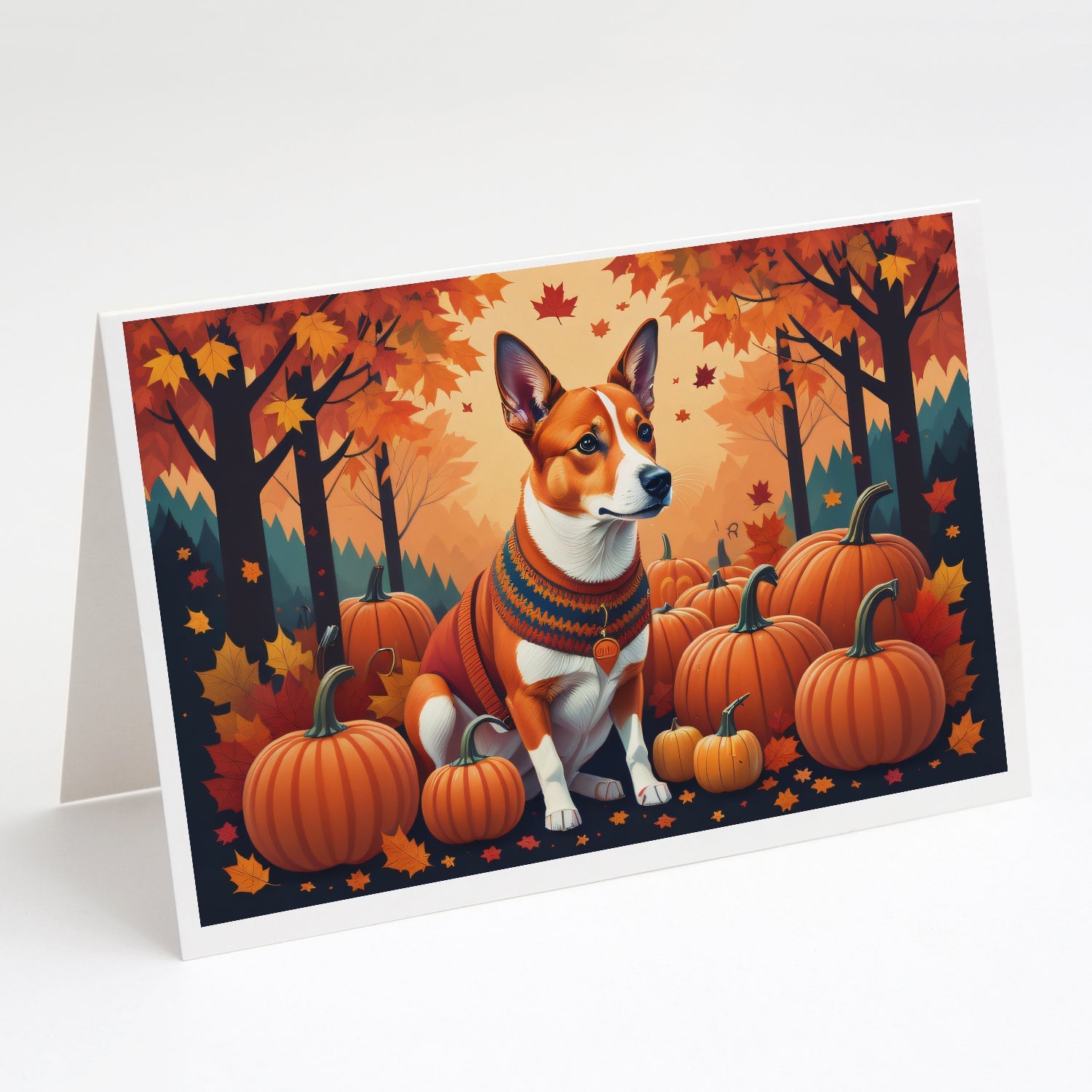 Red Basenji Fall Greeting Cards Pack of 8 Blank Cards with Envelopes Whimsical A7 Size 5x7
