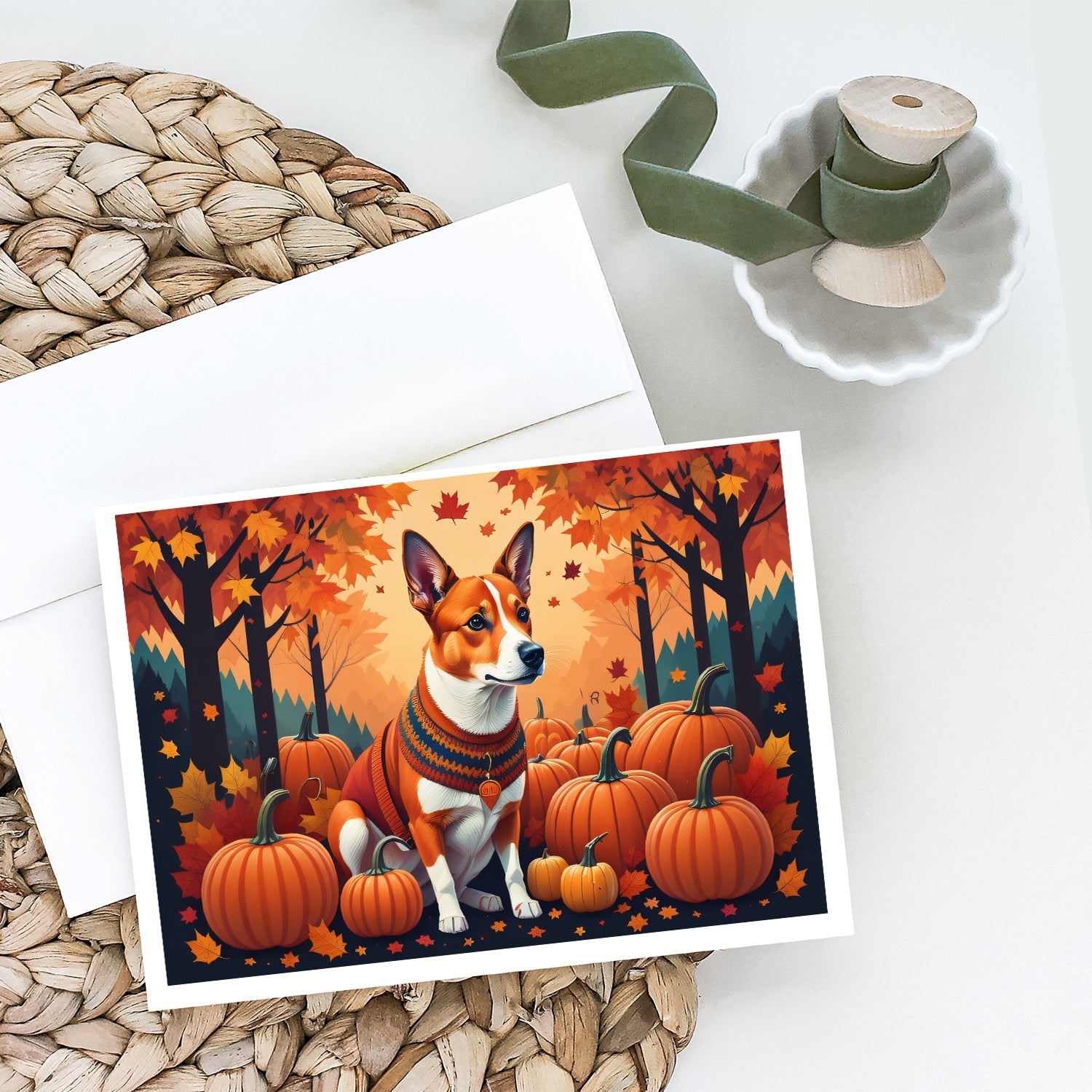 Red Basenji Fall Greeting Cards Pack of 8 Blank Cards with Envelopes Whimsical A7 Size 5x7