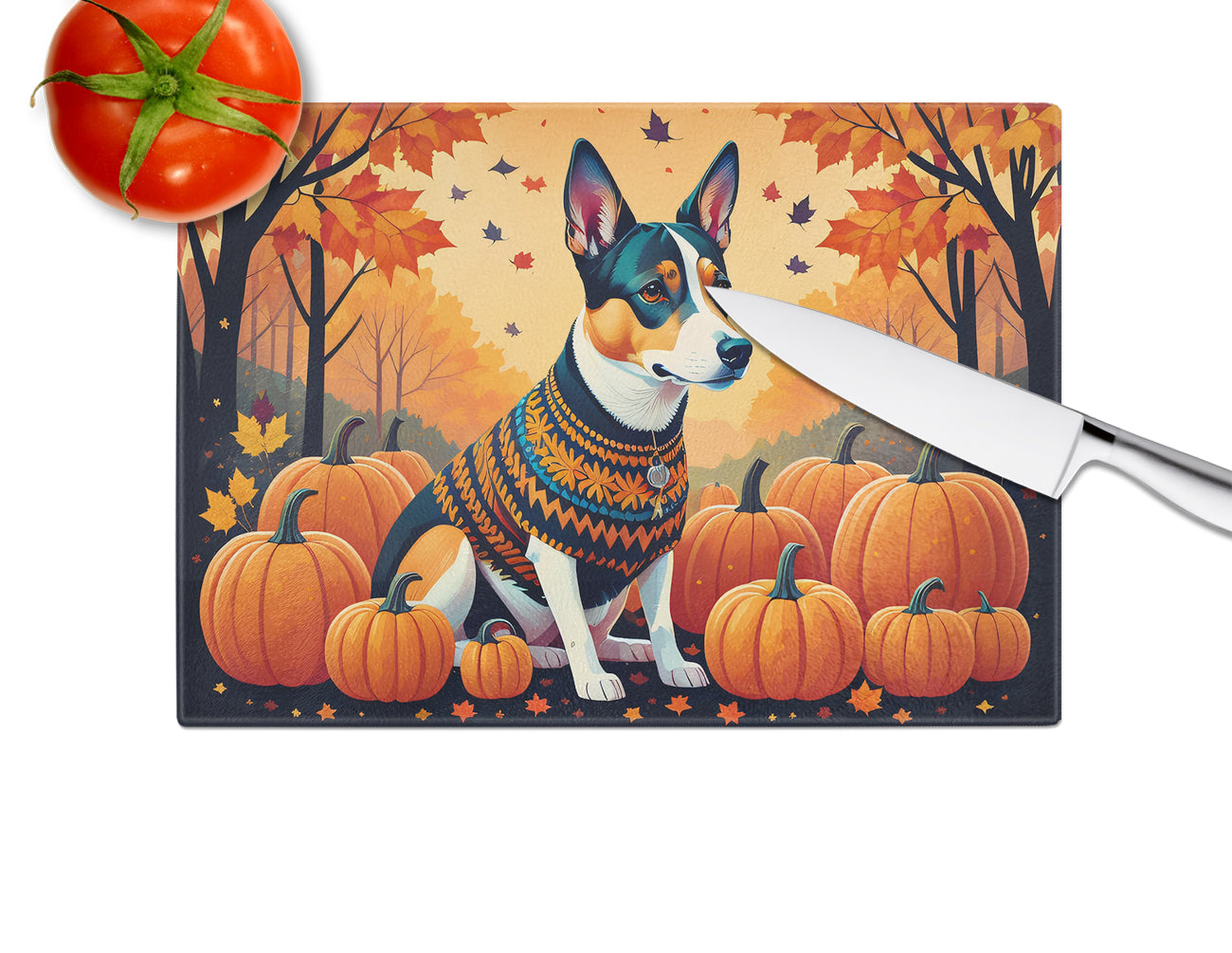 Basenji Fall Cutting Board Tempered Glass Kitchen Cutting Surface, Heat Resistant Chopping, Non-Slip Feet, Food Prep & Serving
