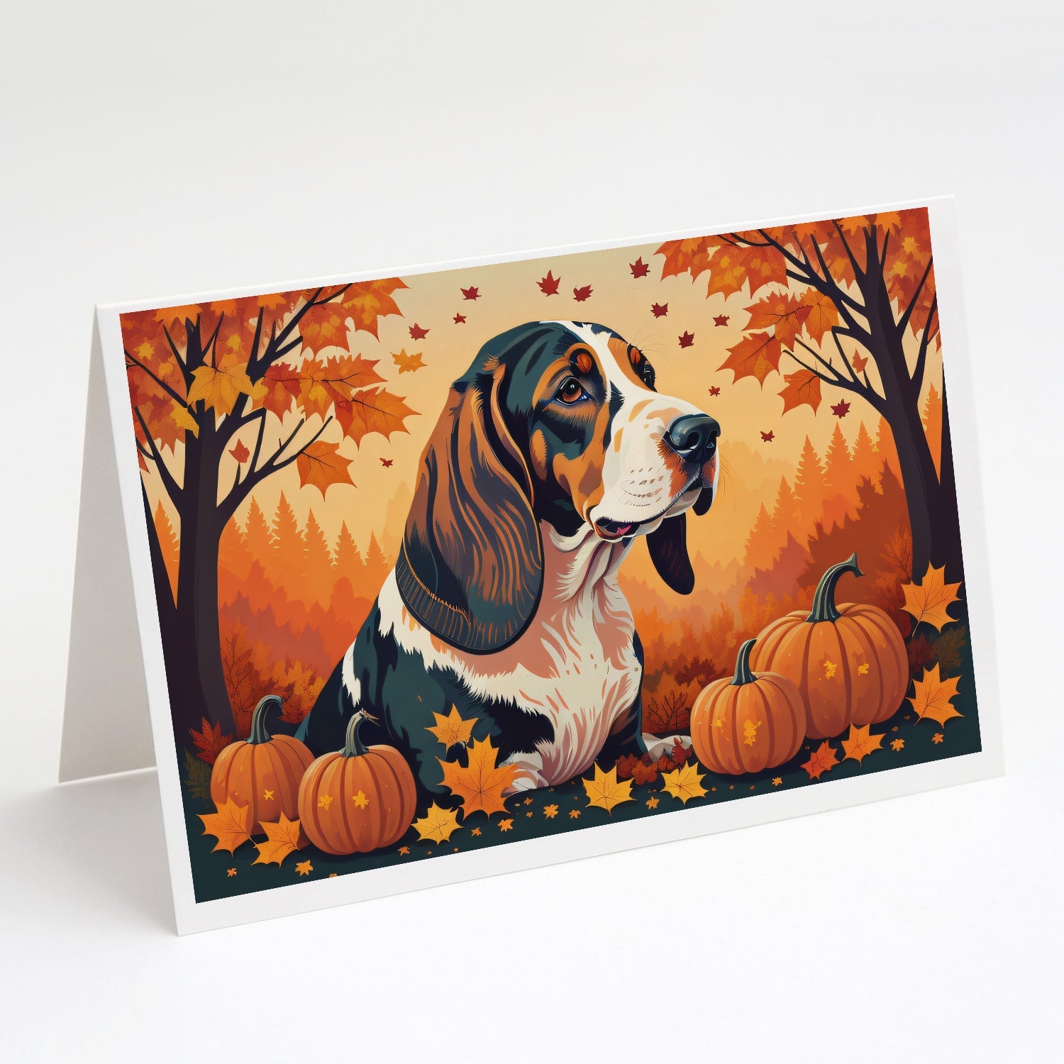 Basset Hound Fall Greeting Cards Pack of 8 Blank Cards with Envelopes Whimsical A7 Size 5x7