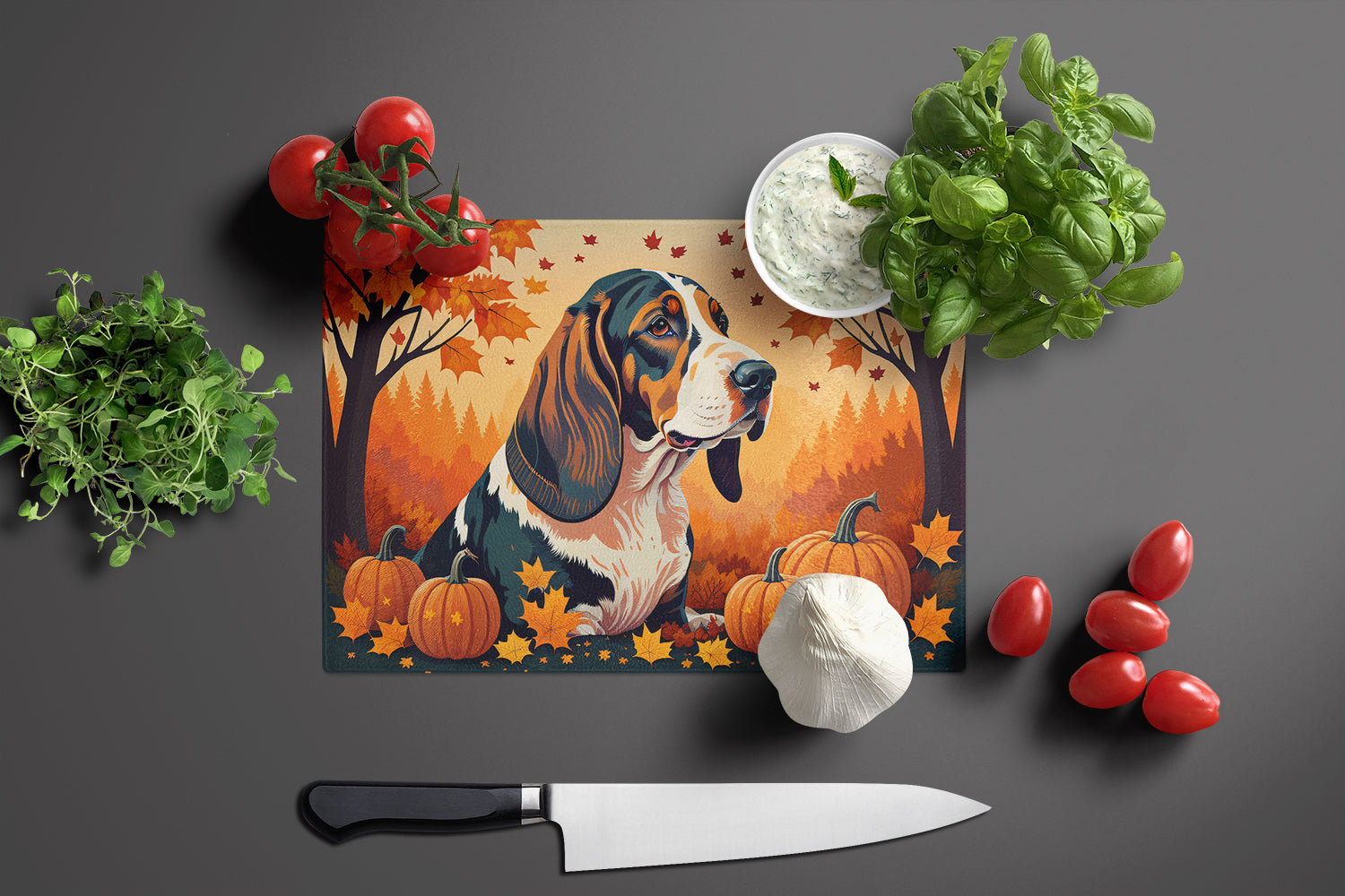 Basset Hound Fall Cutting Board Tempered Glass Kitchen Cutting Surface, Heat Resistant Chopping, Non-Slip Feet, Food Prep & Serving