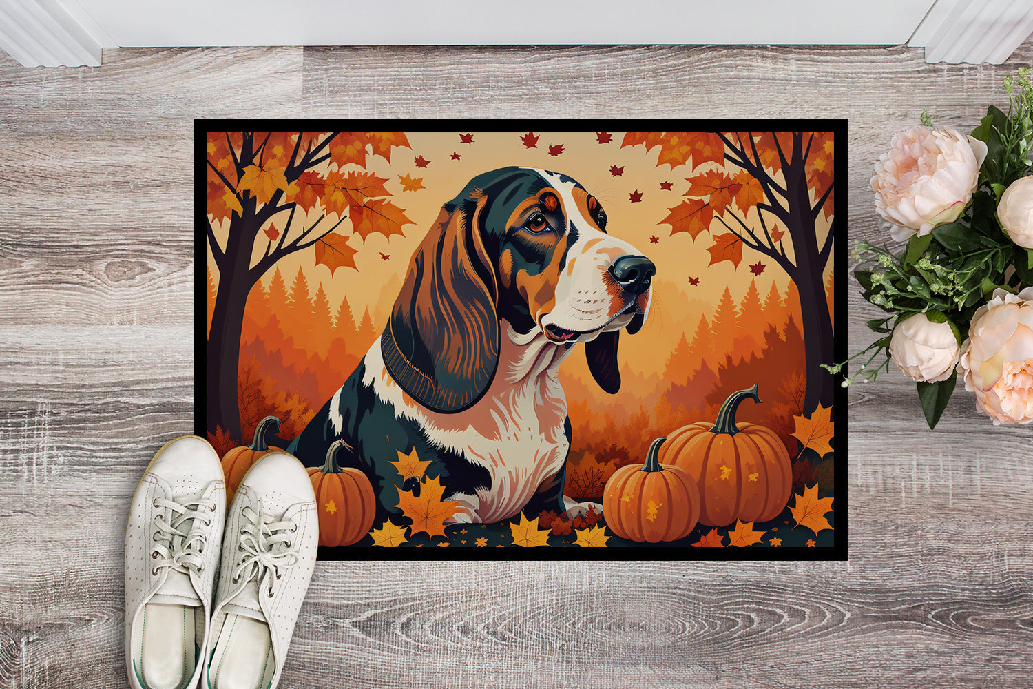 Basset Hound Fall Doormat Indoor Outdoor 18H X 27W Front Door Mat Rugs for Entryway, Non Slip Washable