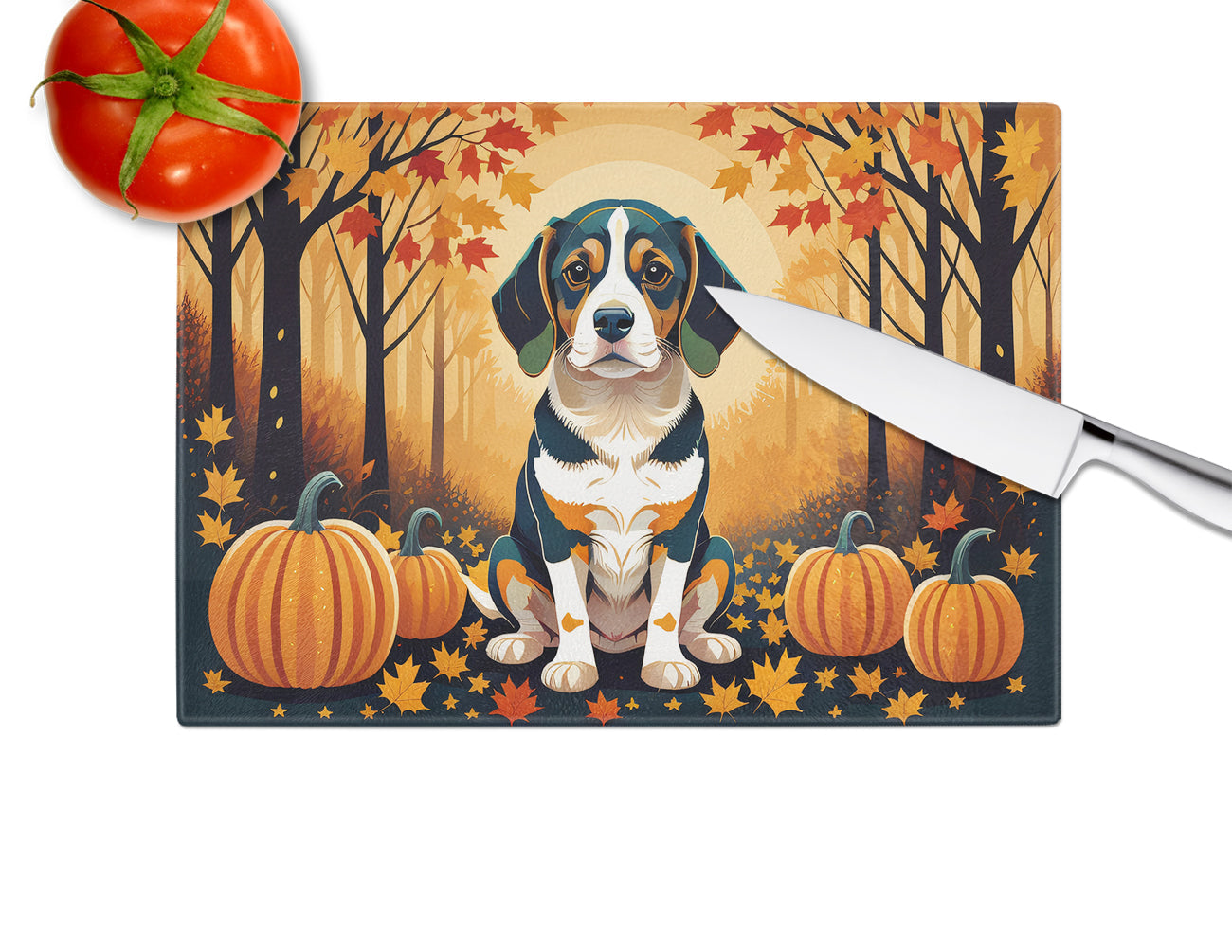Beagle Fall Cutting Board Tempered Glass Kitchen Cutting Surface, Heat Resistant Chopping, Non-Slip Feet, Food Prep & Serving