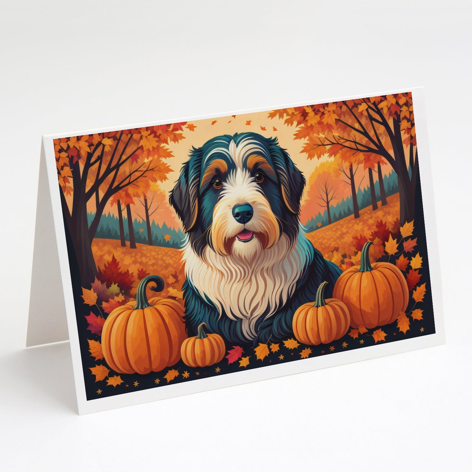 Bearded Collie Fall Greeting Cards Pack of 8 Blank Cards with Envelopes Whimsical A7 Size 5x7